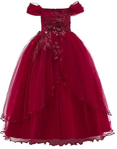 Fille Robe de Demoiselle d'honneur Broderie de Fleurs Tulle Tutu Robe Longue Épaules Dénudées Princesse Robe de Soirée Fête d'anniversaire Formelle Cocktail Cérémonie Mariage Vin Rouge 5-6 Ans