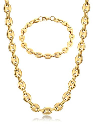 AFSTALR Collana Chicco di caffè Uomo Acciaio Inossidabile 9mm Bracciale Chicco di caffè in Set Bracciale con Catena Uomo Gioielli Oro Hip Hop di caffè Argento 56CM