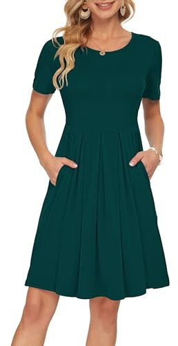 AUSELILY Women's Dresses Short Sleeve Pleated Loose Swing Casual Dress with Pockets Knee Length Dark Green M