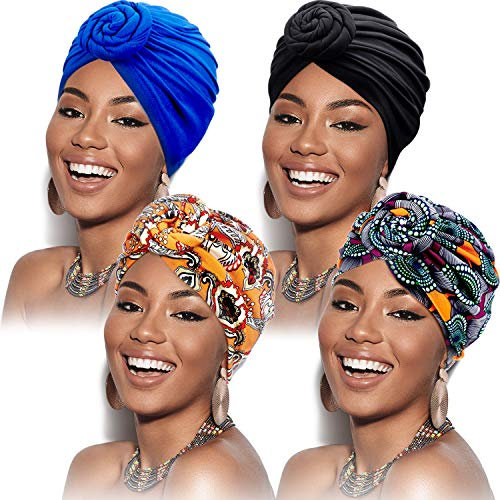 SATINIOR 4 Stück Afrikanisches Muster Headwrap Vorgebundene Haube Turban Knot Beanie Kopf Hat (Reine Schwarz Blaue, Gelb Lila Blume)