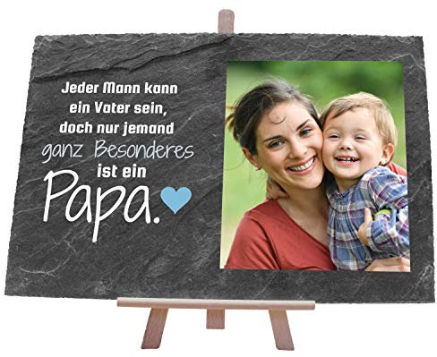 wandmotiv24 Schiefertafel Vatertag mit Holz-Staffelei, Personalisiert mit Foto + Spruch in Blau, Digitaldruck, Querformat 30x20cm Schieferplatte, Geschenkidee Papas, Väter, Fotogeschenk M0163