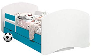 Happy Babies - Doppelseitiges KINDERBETT MIT SCHUBLADE Modernes Design mit sicheren Kanten und Absturzsicherung Schaumstoffmatratze 7 cm Blau (Kein Motiv, 160x80)