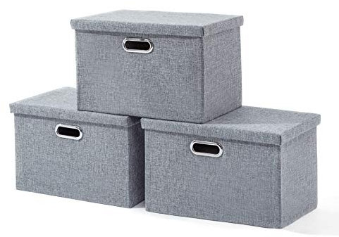 AlphaHome Large Storage Boxes with Lids [3 Pack], Foldable Linen Fabric Storage Baskets for Organising Clothes and Toys, Grey, 39x27x25cm