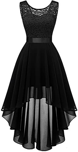 Berylove Damen Spitzenkleid Elegant Vokuhila Cocktailkleid Ärmellos Abendkleid Chiffon Brautjungfer Kleid BLP7035 Black S
