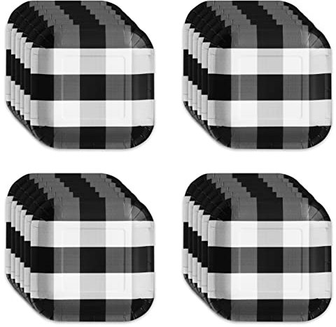 Havercamp Black & White Plaid 7 Inch Dessert Plates (24 pcs)! 24 Square, Heavy Duty, Paper Plates with Beautifully Printed Plaid Details, Coordinates with Solids and the Classic Plaid Collection!