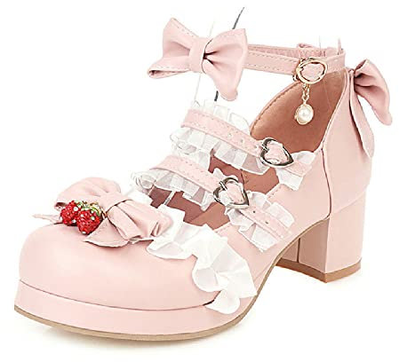 Ulalaza Mary Jane-Schuhe mit hohem Absatz für Damen, süße Party, Festliche Spitze, Schleife, Perle, Erdbeere, niedliche Abendschuhe