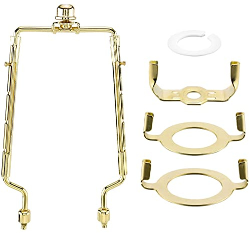 Mornajina 7 8 9 10 inch Lamp Shade Harp Holder, Adjustable Lamp Harps and Finals, Fit Both Standard Lamp Rod and E26 E27 Light Base UNO Fitter Adapter Converter Finial Set (Gold)