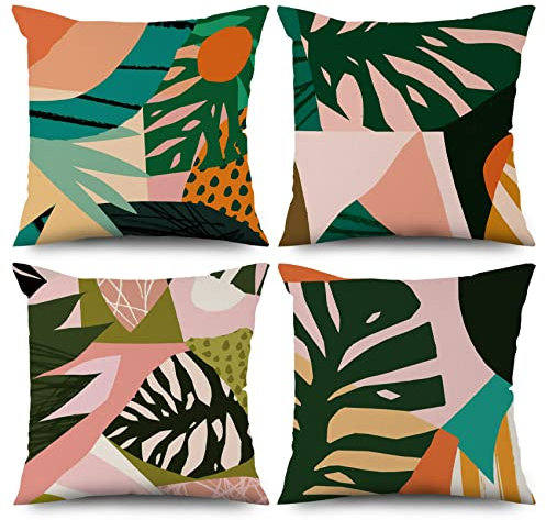 ASDCXZ Frühling Kissenbezug 50x50 cm 4er Set, Abstrakt Grün Blätter Sonne Rosa Sofa Dekokissen Kissenbezüge Kissenhülle Waschbar Polyester Flachs Textil Outdoor Polster Kopfkissenbezug Kissen Bezug
