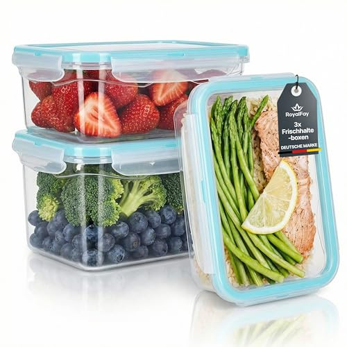RoyalFay® Frischhalte Boxen mit Clipdeckel Vorratsdosen-Set Zutatenbehälter lebensmittelecht 100% dicht & auslaufsicher (1,3 L rechteckig 3 Stück)