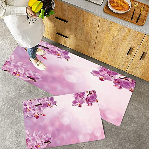Küchenteppich Teppich Läufer Küchenläufer 2 Stück rutschfest,Spa-Dekor, wilde Orchidee Blütenblätter in monochromen Design Bouquet Frühling Blüte Sämli, Waschbar für Flur Küche 40 x 100 cm+40 x 60 cm