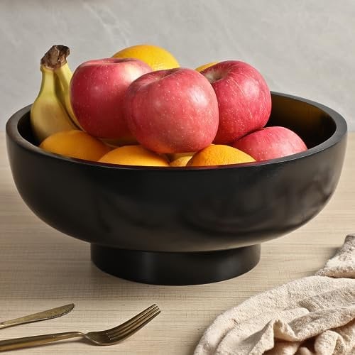 Grehge Black Wood Fruit Bowl for Kitchen Counter, 12-inch Diameter Large Wooden Fruit Bowl, Natural Rubber Wood, Black Decorative Bowl Fruit Holder