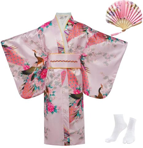 KRUIHAN Girl Kimono Kids Dress Traditional Clothing Silk Fabric Robe Wedding Wear Party Performance Gown,Cosplay Costume Set with Folding Fans and Tabi Socks,150 CM,Pink