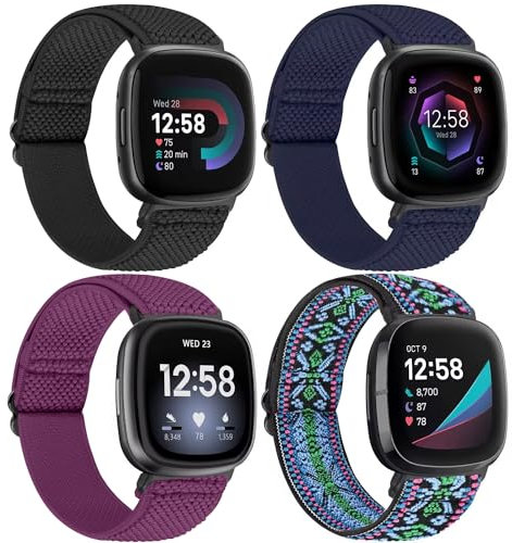 TumpCez Elastisches Nylon Armband Kompatibel mit Fitbit Versa 4/Fitbit Sense 2/Fitbit Versa 3/Fitbit Sense, Verstellbar Dehnbar Solo Loop Weiches Uhrenarmband Sport Ersatzarmband für Damen Herren