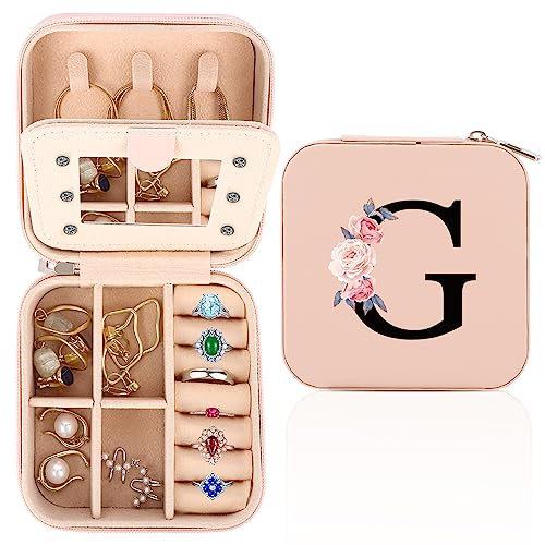 WALLFID Travel Jewellery Box,Alphabet Jewellery Organiser,Portable Jewellery Box,Small Travel Jewellery Storage Case with Mirror,Birthday Gift for Women,Mothers Birthday Valentines Day Gift Ideal(G)