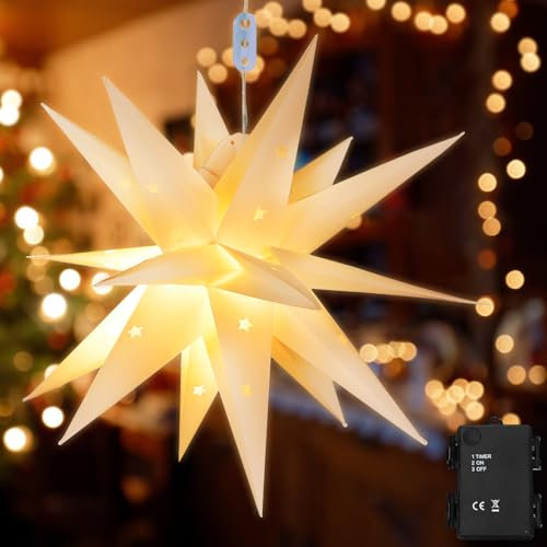 mizikuu Weihnachtsstern Beleuchtet, 45cm 3D Leuchtstern inkl Papierstern Led Weihnachtsbaumspitze Stern mit Timer Adventsstern Beleuchtet Faltstern für Innenhof Balkon Fenster Schmücken