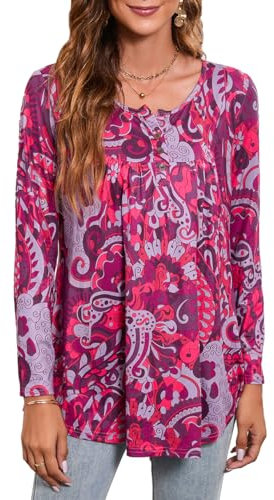 Enmain Tunica Donna Maniche Lunghe con Piccolo Scollo a V per Leggings Larghi Camicetta a Tunica da Donna T-Shirt con Stampa Floreale Abbottonata Taglie Forti,L1-Borgogna/Lilla,2XL