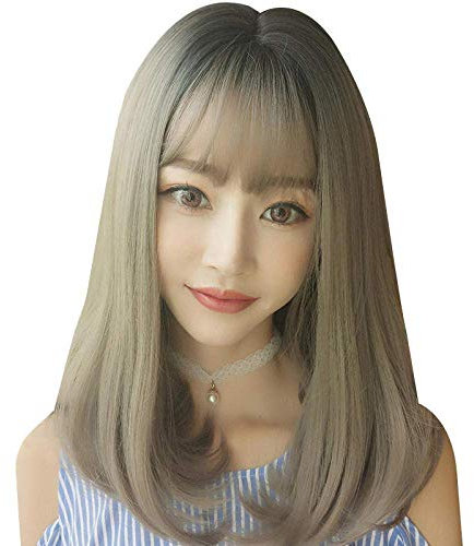 Wig female long buckle fashion grandma gray air bangs realistic matte hairDark brown Natural black