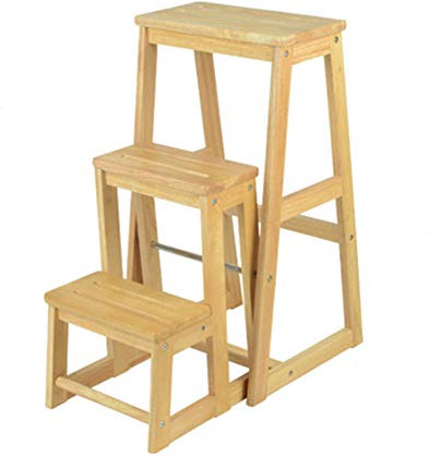Klappbare Leiterhocker, Treppen, Massivholz, multifunktional, 3-Stufen-Barhocker, Schuhwechselstuhl, 2 Farben (Holzfarbe)