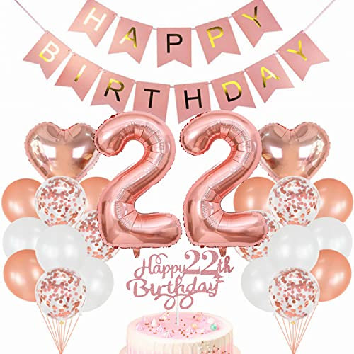 Conruich Geburtstagsdeko 22 Jahre Frau, Luftballon 22. Geburtstag Deko Set, Rosegold Tortendeko Geburtstag 22 Jahre Frauen, Ballon 22 Geburtstag Frau, Happy Birthday Banner Deko 22 Geburtstag Frau
