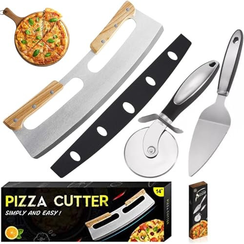 Coupe Pizza, Coupe-Pizza à Bascule avec Double Manche en Bois Couteau à Pizza Professionnel Trancheuse à Pizza Roulette à Pizza Couteau à Pizza en Acier Inoxydable 35cm pour Couper la Pizza