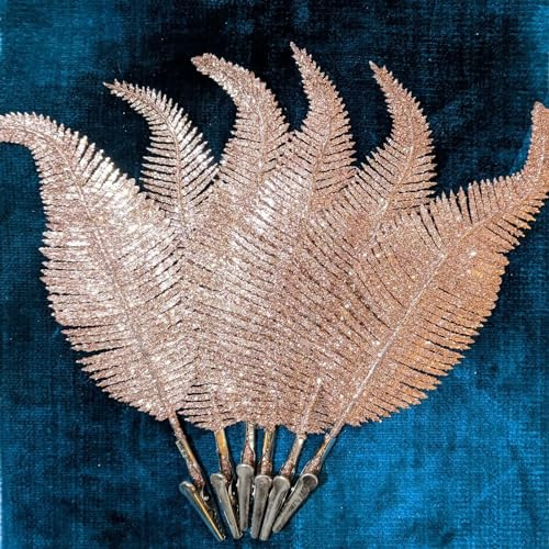 Christmas Xmas Tree Decoration Clip On Feathers 22cm Glittery Baubles Ornament Rose Gold Set of 8