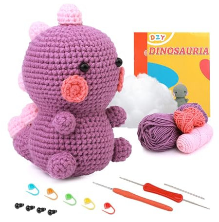 GIBZ Häkelset für Anfänger Erwachsene Kinder, Häkel und Strickset mit Anleitung, Diy Häkelnadeln Set Ergonomische, Handwerkskunst Lila Dinosaurier