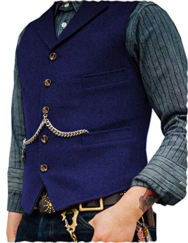 AeoTeokey Classic Mens Wool Tweed Suit Vest Casual Sleeveless Jacket Herringbone Waistcoat for Tuxedos(3XL,Royal Blue)