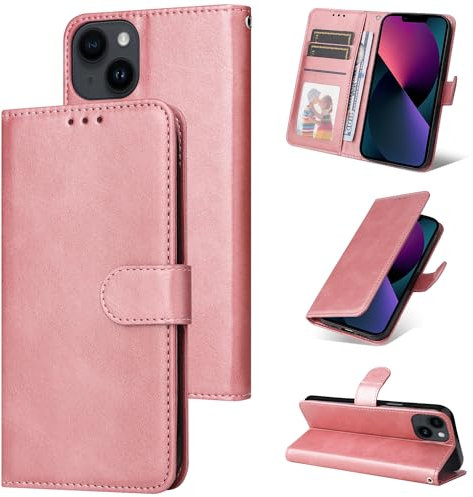 E-Lush Funda para iPhone 13 Cuero PU, Flip Leather Libro Piel Movil Fundas de iPhone 13 Funda Ranura para Tarjeta Magnético Soporte Case Cover Antigolpes Protección, Oro Rosa