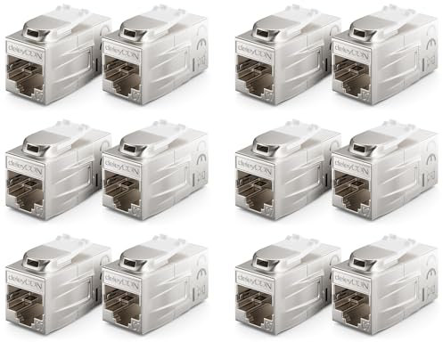 deleyCON 12 Stück CAT 7 Kupplung Keystone Metall 2X RJ45 Buchse Verbinder für RJ45 Patchkabel 600 MHz 10 Gbps LAN DSL Ethernet und Nutzbar als Keystone - Silber