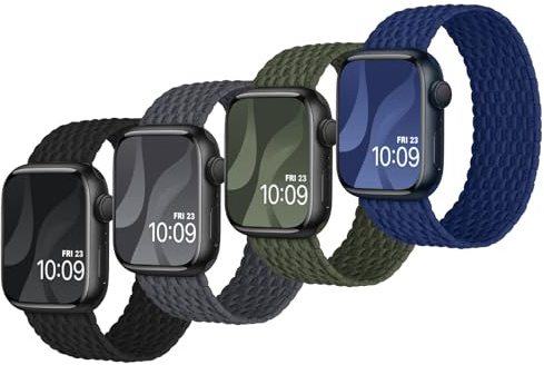 Finoriss Solo Loop Armband Kompatibel mit Apple Watch 45mm 44mm 42mm, Geflochten Dehnbar Nylon Stoff Band für Apple Watch 9 8 SE 7 6 5 4 3 2 1, 4er Packung