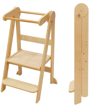 TDKDHoming Foldable Toddler Tower Preassembled Kitchen Stool, Folding Tower for Learning with 3 Adjustable Heights Montessori Toddler Standing Tower Collapsible Step Stool for Kids 1.5-6y Natural