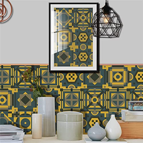 Tile Stickers Muraux Auto Autocollants pour carrelage géométrique Jaune Bleu à Coller sur carrelage de Salle de Bain en PVC Auto-adhésif carrelage Mural de Cuisine à Coller sur carrelage imperméable