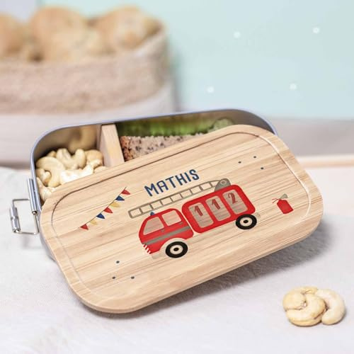 hellomini Personalisierte Brotdose für Kinder - Geschenk zur Einschulung - Lunchbox Geburtstagsgeschenk Junge & Mädchen, Brotdose zum Schulanfang (Feuerwehr, 750ml)