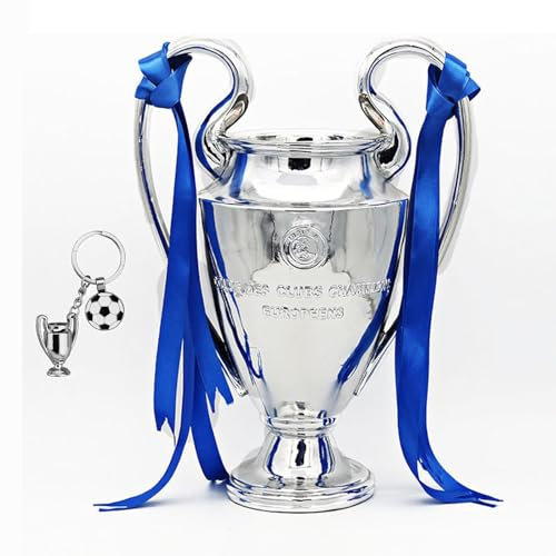 LNGODEHO Trophée champion d'Europe de football en résine de la Ligue Saint-Bernard - Argenté avec rubans bleus - 32 cm