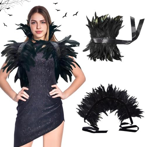 Federkragen Schwarz, Gothic Feder Achselzucken, Schwarzer Federumhang Damen, Feder Cape, Gothic Kostüm, Raben Kostüm Damen für Halloween Fasching Karneval Cosplay Maskerade
