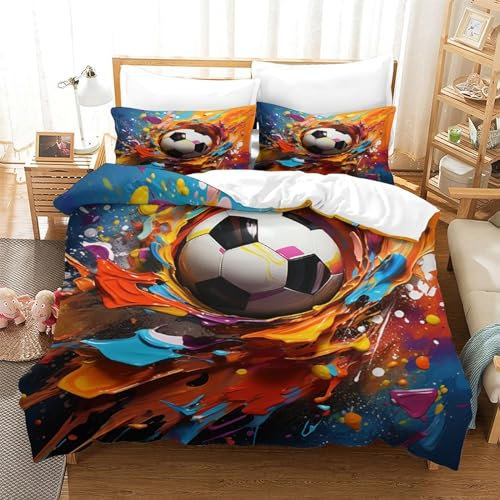 DCABEIOOE Fußball 3D Print Betten Motiv Bettwäsche Set Bettwäsche Set Bettbezug Und Kissenbezug Mit Reißverschluss Für Kinder Jungen Männer Modern Spielr DekoRatteive Single(140x200cm)