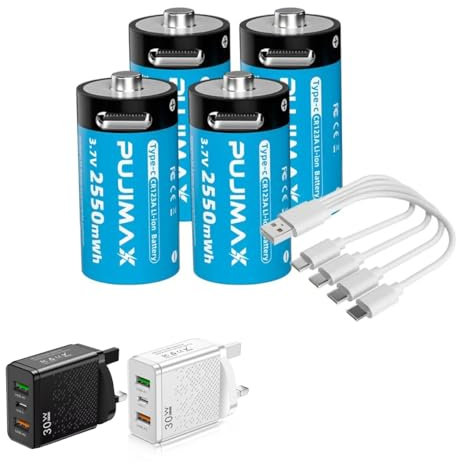 USB CR123A Lithium Ion Battery, 3.7 V 2550mWh Rechargeable CR123A Battery, 1.5H Fast Charge, 600 Cycles with Type C Connection Cable, Constant Output, Pack of 4 Batteries & USB charger