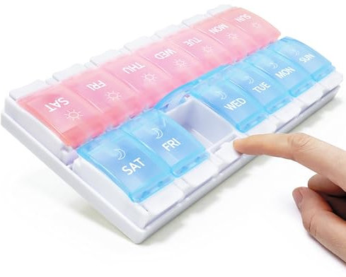 FHORAIN Tablettenbox 7 Tage, Morgens und Abends, Pillendose Pillendose 7 Tage 14 Fächer, 2 mal täglich, Druckknopf (Rosa und Blau)