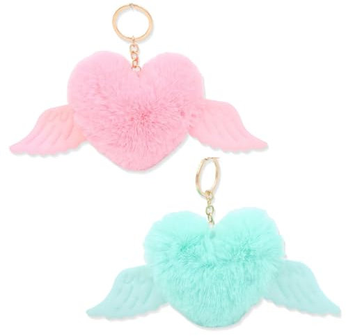 2 Stück Schlenker Schlüsselanhänger, Liebes Engelsflügel Anhänger, Schlüsselanhänger, Plüschiger Kuscheltier Anhänger für Kinder & Erwachsene (Rosa+Grün)
