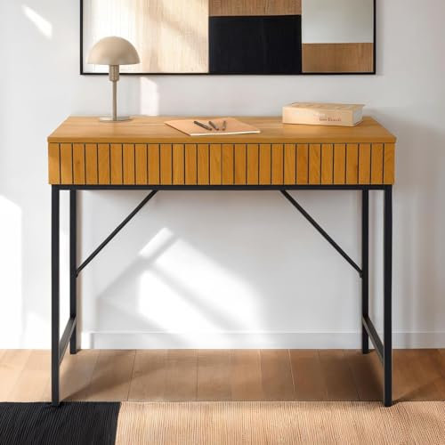 IDIMEX Schreibtisch Pale mit 2 Schubladen in Wildeiche Dekor - Bürotisch in Holzoptik mit Rillendesign, Konsole aus MDF mit Metallgestell in schwarz matt, Modernes Design, PC Tisch
