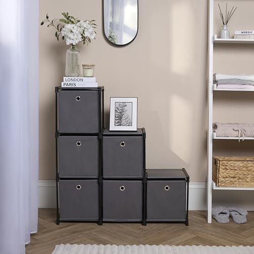 OHS Grey Ladder Storage Unit 6 Cube Plastic Storage Rack with 6 Fabric Boxes, Space-Saving Multifunctional Organizer with Modular Design For Home Office Closet, 92x30x94cm
