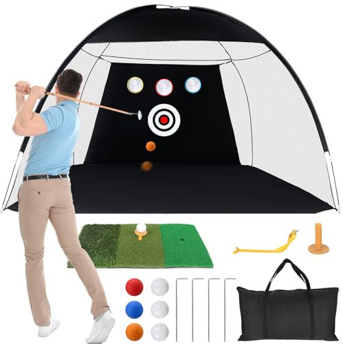 Golf Practice Net 10x7ft for Garden with 6 Balls Swing Correction Trainer Carry Bag Chipping Turf Golf Mat for Backyard Driving