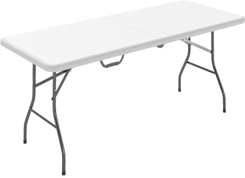 Outsunny Table Pliante en HDPE Table de Camping 180 x 74 x 74 cm Blanc | Poignée, Couvre-Pieds Antidérapants, Extérieur, Terrasse, Camping, Plage