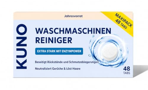 Kuno Waschmaschinenreiniger – Extra Stark - 48 Tabs | Mit Enzym Power - Stark gegen Geruch & Kalk - Tierhaarentferner Waschmaschine - Kalkentferner - Jahresvorrat