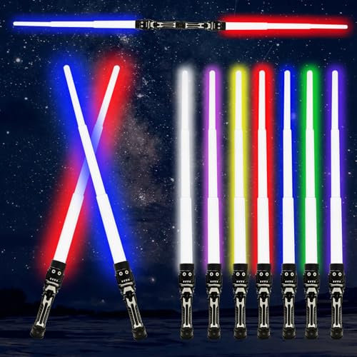 4 Stück Laserschwert Kinder, Duell Lichtschwerter, 2 in 1 Lichtschwert, Lightsaber zum Zusammenstecken, RGB 7 Variable Farbe Laser Schwert, Lichtschwert Doppelklinge mit Soundeffekten