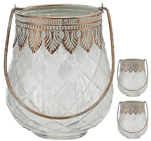 Windlicht 3er Set bauchig | orientalische Ornamente gefrostet | Glas Eisen Ø9xH12cm | Gefäß mit Henkel für Teelichter oder Kerzen (1 x 3er Set Windlicht bauchig)
