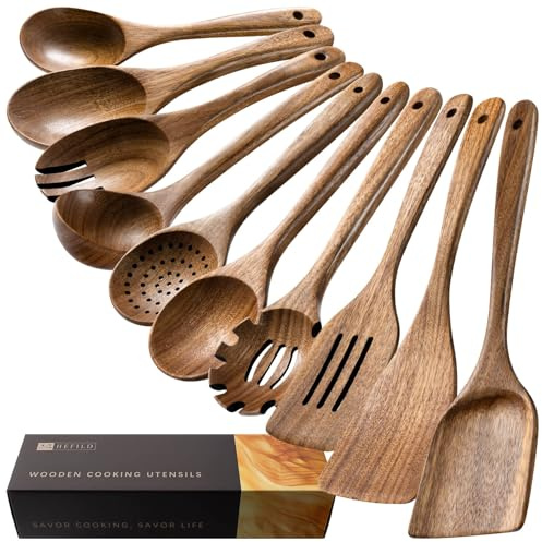 Hefild Wooden Spoons for Cooking, Nonstick Cooking Utensil Set with 10 Piece Acacia Wooden Spatulas and Spoons for Cooking, Terrific for Everyday Kitchen Tasks