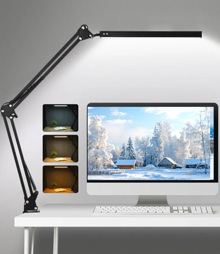 Cexovo Schreibtischlampe LED, 3 Farben & 5 Helligkeitsstufen, Schwarz | Klemmbar, mit Verstellbarer Schwenkarm, 360° Flexibel mit USB-Ladegerät, LED Klemmlampe für Lektüre Büro