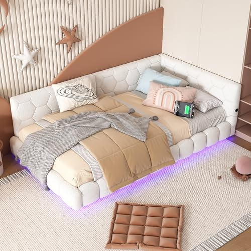 Oxtao Polsterbett 90x200 mit LED und USB-Anschluss, Bettgestell mit Lattenrost,Tagesbett Schlafsofa Bett Bettsofa Gästebett Jugendbett Einzelbett, ohne Matratze, Weiß