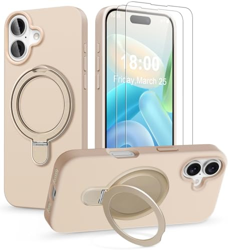 KOGENG Handyhülle für iPhone 17 Hülle mit 2 Stück Schutzfolie, Silikon Case mit Magnetisch Ring Ständer Und Kameraschutz, Weiches Mikrofaserfutter Stoßfest Schutzhülle für iPhone 17 5G (Gold, 17)